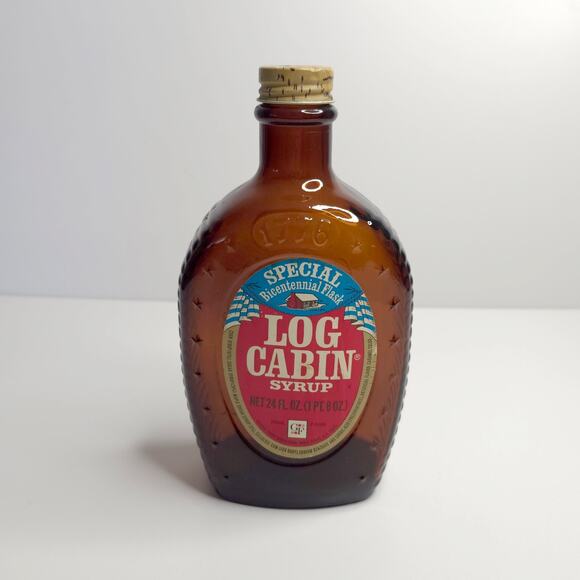 VTG Log Cabin Syrup Bicentennial Bottle Amber Glass 1776 W Label Eagle - Picture 1 of 7